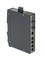 Ein schwarzer industrieller Ethernet-Switch mit fünf Ethernet-Ports und LED-Anzeigen für Status und Aktivität.