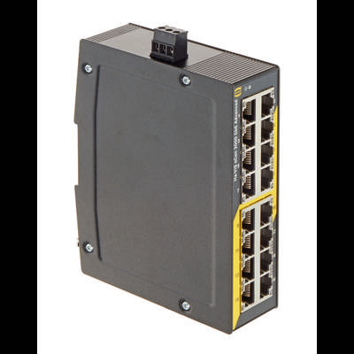 'Industrieller Ethernet-Switch mit 12 Ports und robustem Gehäuse, geeignet für raue Umgebungen und kritische Netzwerkverbindungen.'