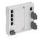 Ein Netzwerk-Switch mit mehreren Ethernet-Anschlüssen und LED-Anzeigen. Gerät ist weiß und steht aufrecht. Verbindungen möglich.