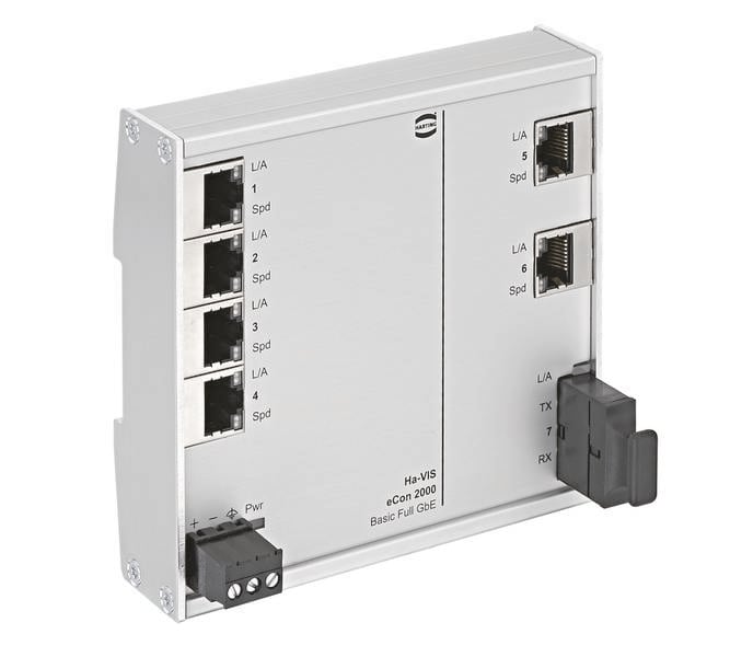Ein silberner Netzwerk-Switch mit mehreren Ethernet-Ports sowie einem Stromanschluss. Links vier Ports, rechts zwei Ports erkennbar.
