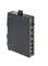 Ein schwarzer Industrieller Ethernet-Switch mit fünf Ethernet-Ports und sichtbarem Anschluss oben, für Netzwerkverbindungen.
