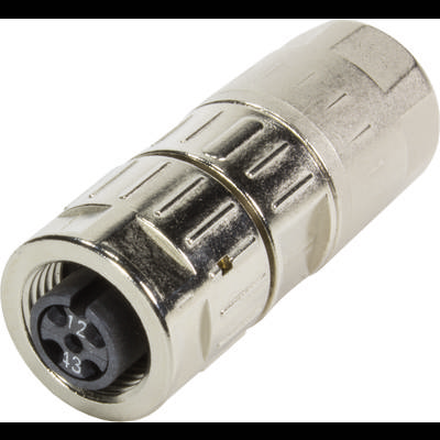 Ein silberfarbener XLR-Stecker in Nahaufnahme, mit vier Pins sichtbar, dient zum Anschluss von Audiogeräten.