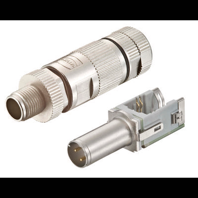 Ein Stecker und eine Buchse in Silber für elektrische Verbindungen. Der Stecker ist zylindrisch mit drei Metallkontakten.