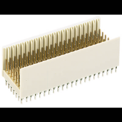 'Weiße Steckverbindung mit vielen goldfarbenen Metallstiften, genutzt für elektronische Anwendungen.'