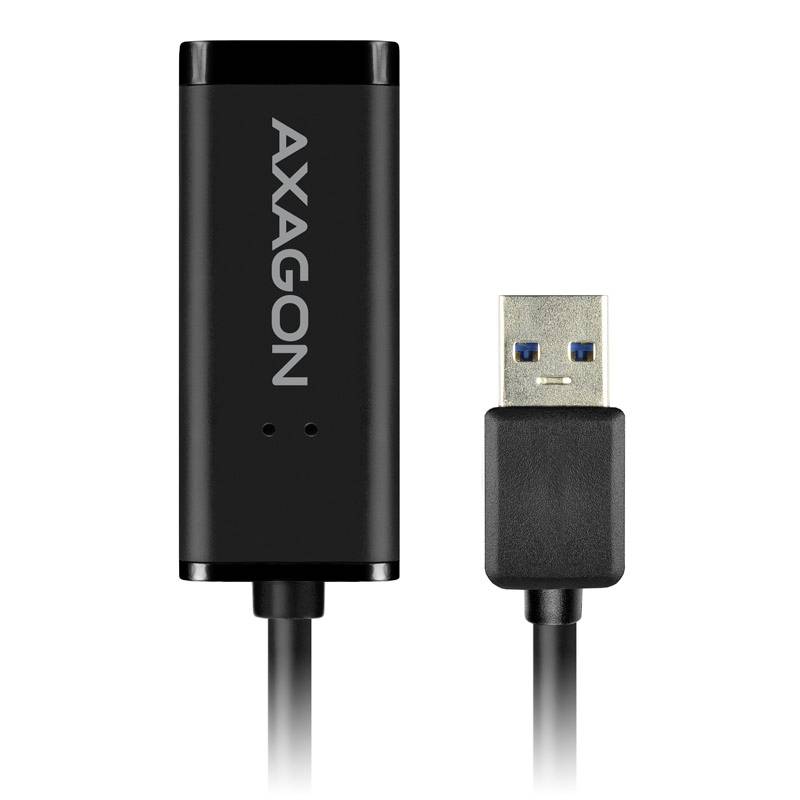 Ein schwarzes USB-Ethernet-Adapterkabel mit der Aufschrift 'AXAGON' auf der Adapterhülle.
