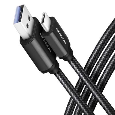 'USB zu USB-C Kabel von Axagon, schwarzes geflochtenes Design, zeigt sowohl USB-A als auch USB-C Stecker.'
