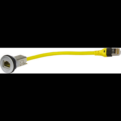 Gelbes Netzwerkkabel mit RJ45-Stecker und Buchse, geeignet für Datenverbindungen in Computernetzwerken.