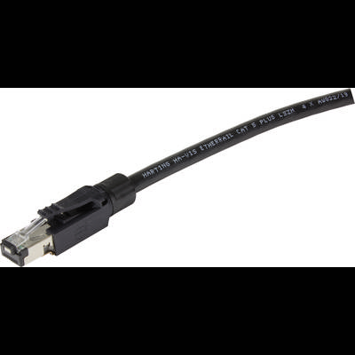 Ein schwarzes Ethernet-Kabel CAT 5 mit RJ-45-Stecker, gekennzeichnet mit 'HARTING HA-VIS ETHERRAIL'.