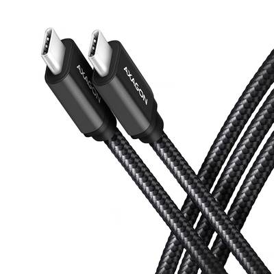 Geflochtene USB-C-Kabel mit silbernen Steckern, auf denen 'AXAGON' steht. Ideal für schnelles Laden und Datenübertragung.