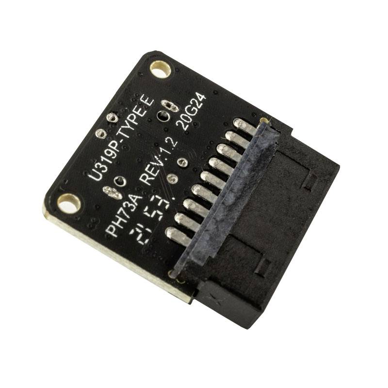 Eine schwarze elektronische Komponente mit zwölf silbernen Anschlusspins, beschriftet mit 'U319P-TYPE-E, PH73A-REV:1.2, 20G24'.