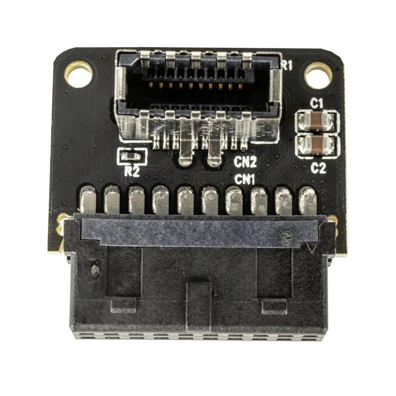 Nahaufnahme eines schwarzen elektronischen Adapters mit mehreren Anschlusspins, zwei runden Befestigungsöffnungen und aufgedruckten Bezeichnungen (CN1, CN2).