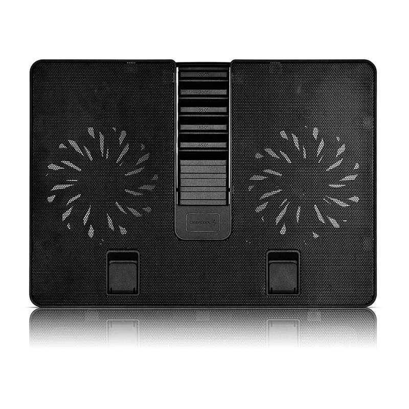 Ein schwarzer Laptop-Kühler mit zwei runden Lüftern zur besseren Belüftung. Design für verbesserte Wärmeableitung und Geräuschreduktion.