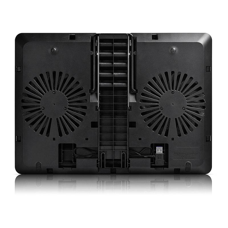Rückansicht eines schwarzen Laptop-Kühlers mit zwei großen Lüftern und verstellbarem Ständer.