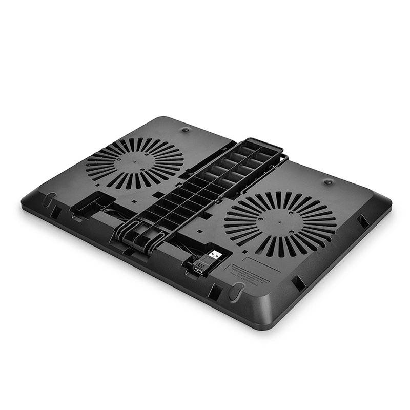 Schwarzer Laptop-Kühler mit zwei integrierten Ventilatoren und einstellbarer Höhe, zur Unterstützung der Laptop-Belüftung.