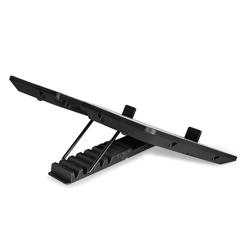 Ein schwarzer, schlanker Tablet-Ständer in seitlicher Ansicht, dessen Design eine stabile, geneigte Plattform bietet.
