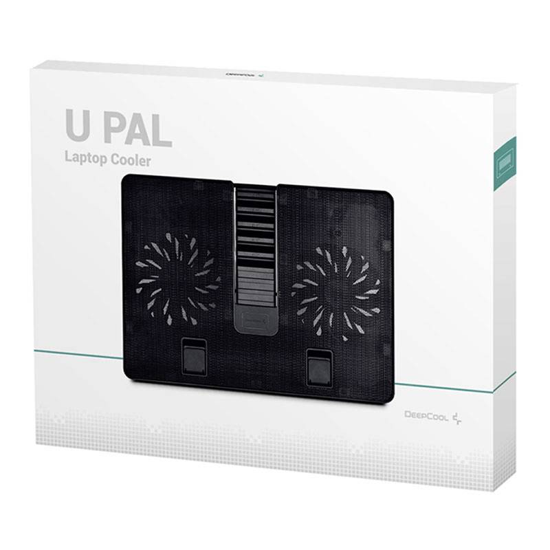 Eine Verpackung des 'U PAL Laptop Cooler' von DeepCool mit Abbildung des Kühlers. Zwei Lüfter sichtbar.