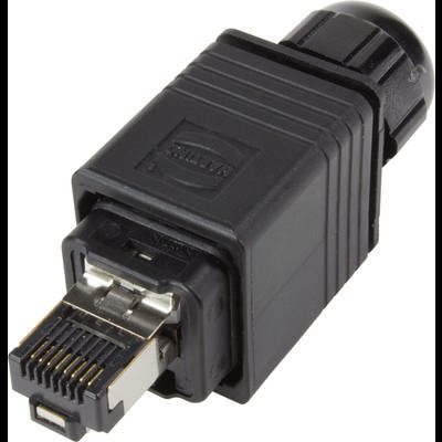 Ein schwarzer Steckverbinder mit Ethernet-Anschluss, häufig in Netzwerkverkabelung verwendet, zeigt die Metallkontakte und robuste Konstruktion.