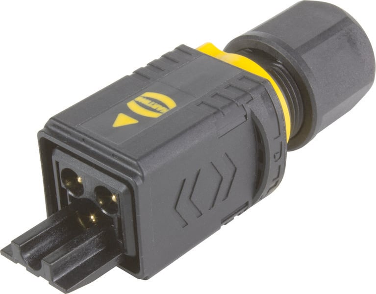 Drei-poliger schwarzer Steckverbinder mit gelbem Ring und Pfeil, seitliche Ansicht. Geeignet für elektrische Verbindungen.