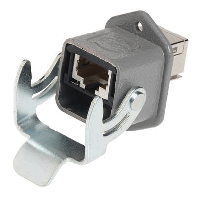 'USB-Steckverbinder Typ B' in einem rechteckigen, metallischen Montagerahmen mit seitlicher Clip-Halterung.