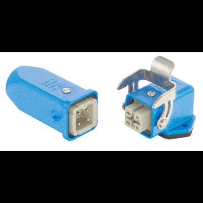 Zwei blaue quadratische Industrieverbindungen mit vier silbernen Kontakten und einem Metallschutzclip.