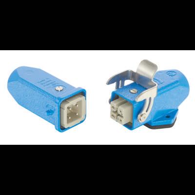 Blauer elektrischer Anschlussstecker mit abnehmbarer Abdeckung. Links: Buchse mit vier Anschlusspunkten. Rechts: Geöffneter Stecker.