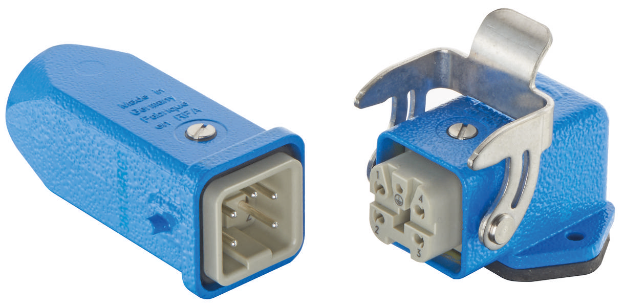 'Blauer elektrischer Stecker mit mehreren Stiften und Metallhalterung, geeignet für industrielle Verbindungen.'