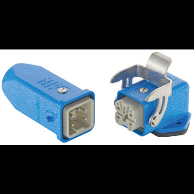 'Blauer elektrischer Stecker mit mehreren Stiften und Metallhalterung, geeignet für industrielle Verbindungen.'
