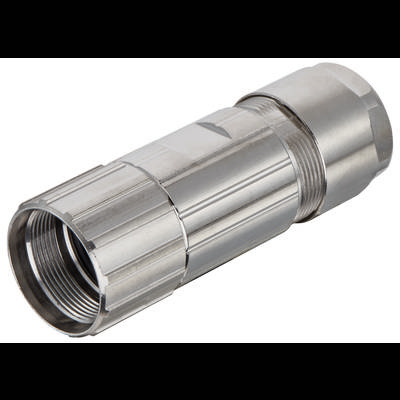 Ein silbernes, metallisches Bauteil mit einem geriffelten Griffbereich und Gewinde, vermutlich ein F-Stecker für Kabelverbindungen.