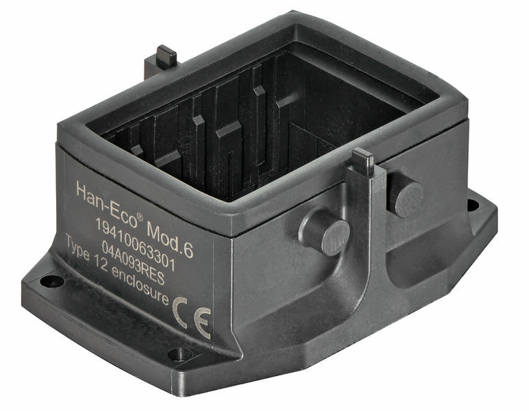 Schwarzes rechteckiges Gehäuse mit der Aufschrift 'Han-Eco Mod. 6'. Verwendet in elektrischen und elektronischen Verbindungen.