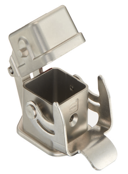 Metallische Halterung mit offenem Deckel und rechteckiger Aussparung, verwendet für industrielle Anwendungen oder Befestigungen.
