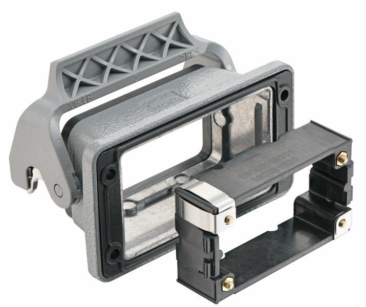 Gehäuseteil und schwarzer Einsatz für Industriestecker, modularer Aufbau, robustes Design für elektrische Verbindungen.