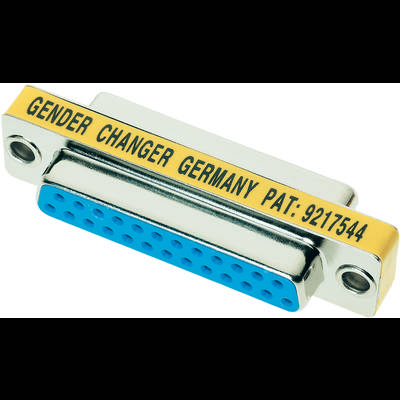 Ein Adapter mit der Aufschrift 'Gender Changer Germany Pat: 9217544'. Der Adapter hat eine blaue Schnittstellenverbindung.