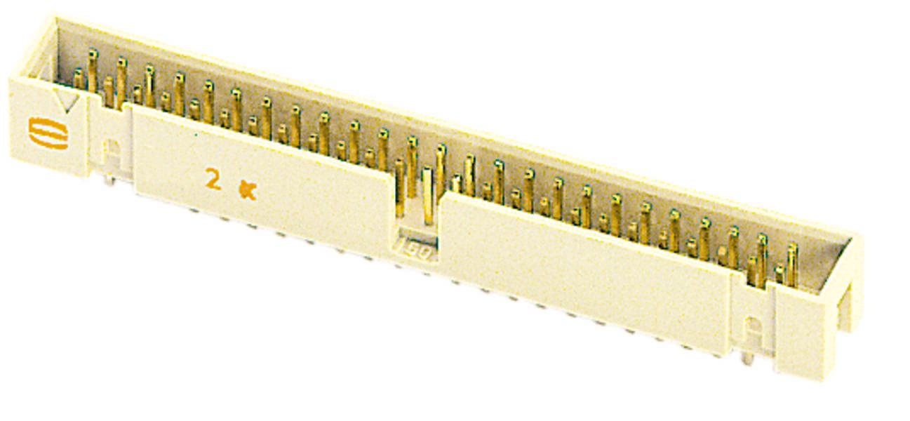 Ein weißer elektrischer Steckverbinder mit goldenen Kontakten, seitlich nummeriert '2'. Geeignet für elektronische Geräte.