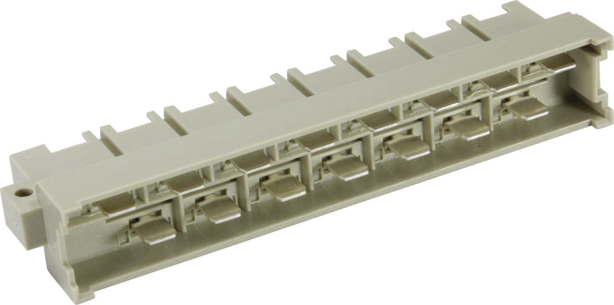 Ein graues Kunststoff-Patchpanel mit acht leeren Steckplätzen, geeignet für Netzwerk- oder Telefonkabelverbindungen.