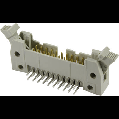 Ein grauer Steckverbinder mit mehreren goldenen Metallstiften, häufig für elektrische Verbindungen in elektronischen Geräten verwendet.