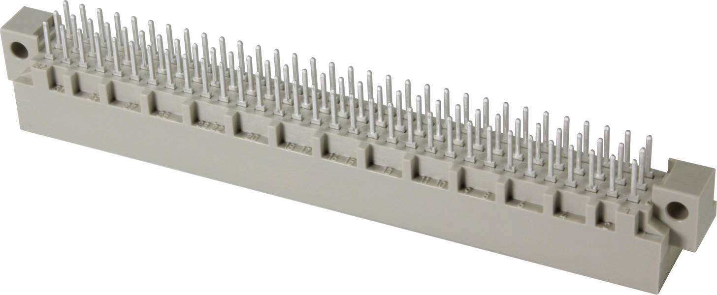Ein grauer elektronischer Stecker mit vielen einzelnen Metallstiften in zwei Reihen, geeignet für Platinenverbindungen.