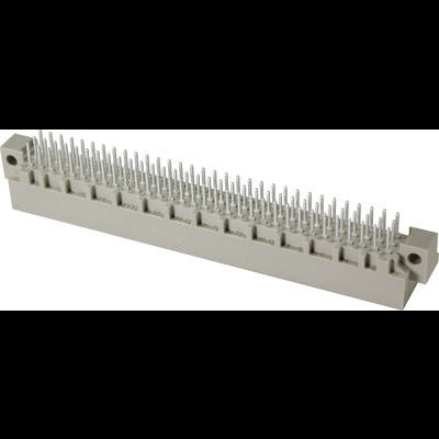 Ein grauer elektronischer Stecker mit vielen einzelnen Metallstiften in zwei Reihen, geeignet für Platinenverbindungen.