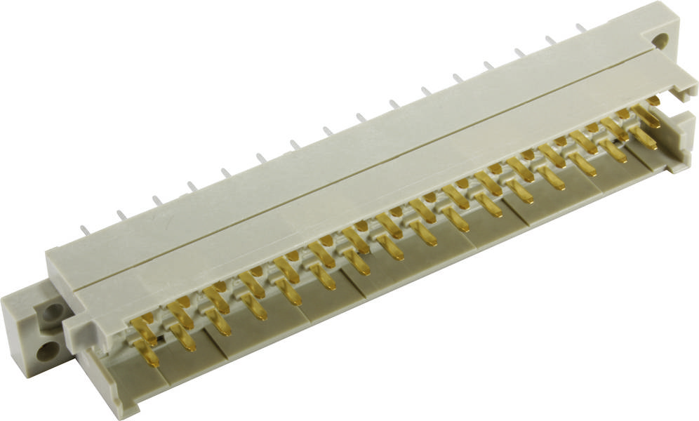 Ein grauer elektrischer Steckverbinder mit mehreren goldenen Pins.