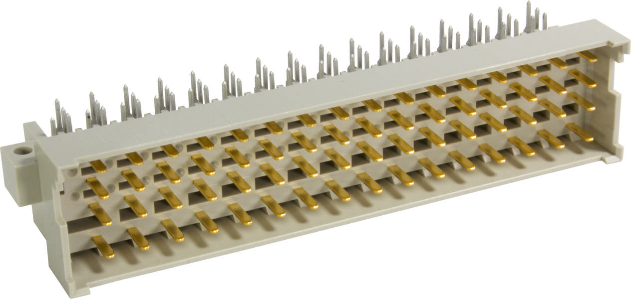 Weiße rechteckige elektrische Steckverbinderleiste mit mehreren goldenen Pins, die für elektronische Verbindungen verwendet wird.