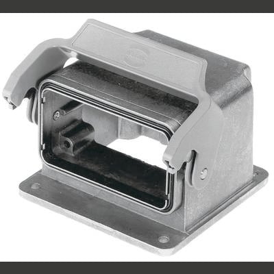 Industrie-Steckverbinder-Gehäuseteil aus Metall mit rechteckiger Öffnung und Verriegelungsklemmen an den Seiten zur Kabelverbindung.