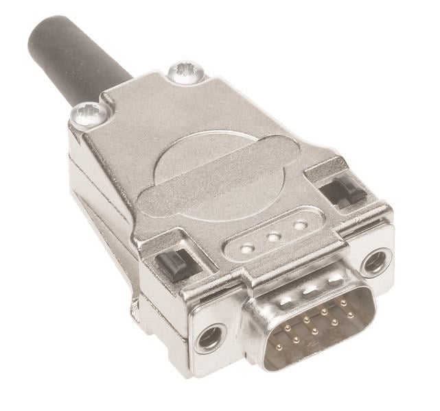 Ein serieller DB9-Stecker mit Metallgehäuse. Er dient häufig zur Datenübertragung zwischen Computern und externen Geräten.