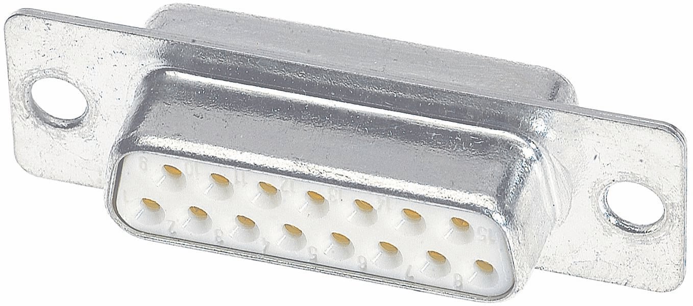 Ein silberner D-Sub-Steckverbinder mit 15 Stiften, geeignet für die Verbindung in Computer- und Elektronikgeräten.