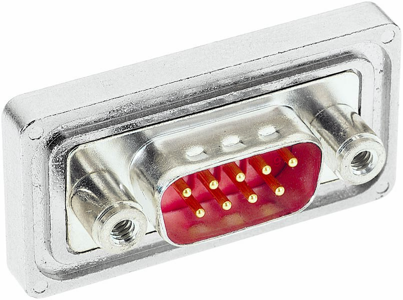 Ein neunpoliger D-Sub-Stecker, silberfarben mit roten Einsätzen und goldenen Kontakten, geeignet für serielle Verbindungen.