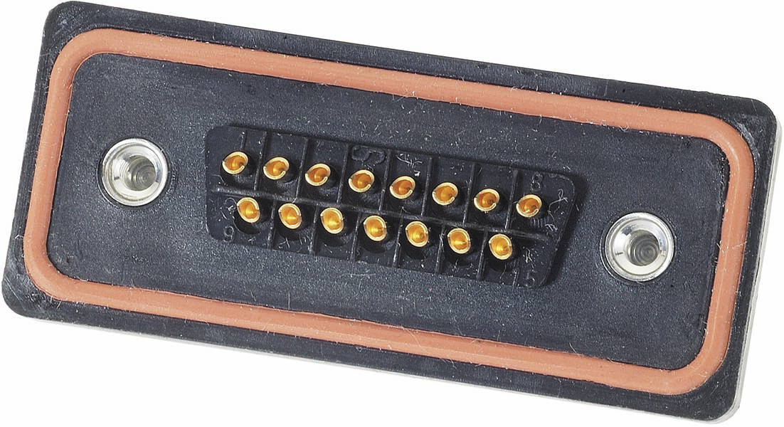 Schwarzer rechteckiger Steckverbinder mit zwei Schraubenlöchern und 16 goldenen Pins, umgeben von einer orangefarbenen Dichtung.