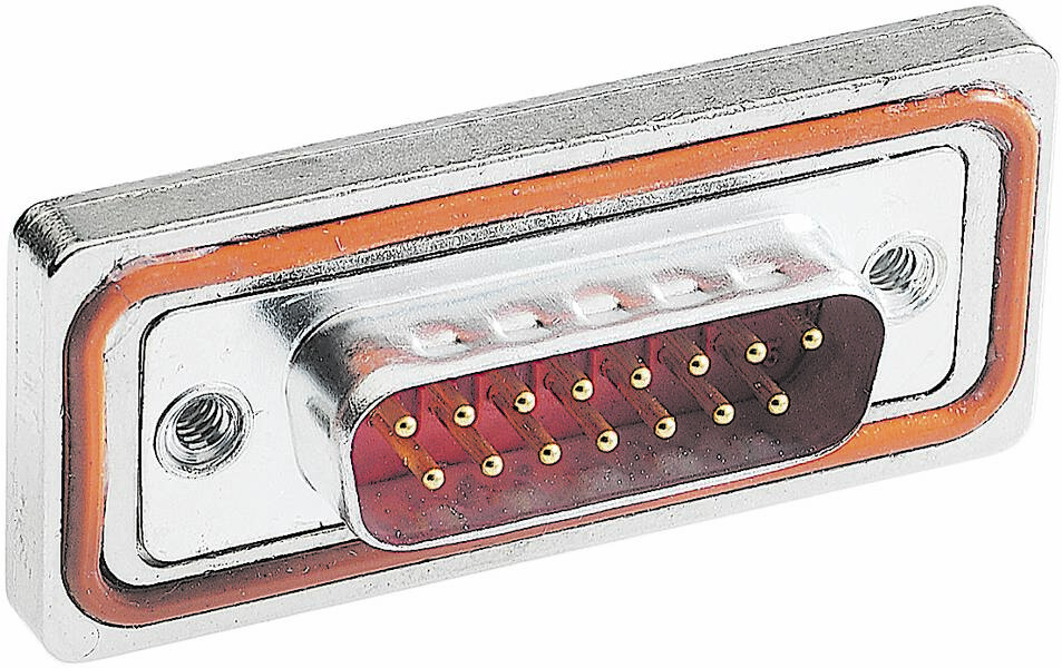 Metallischer D-Sub-Stecker mit rechteckigem Rahmen und mehreren Stiften, geeignet für Datenübertragung in elektronischen Geräten.