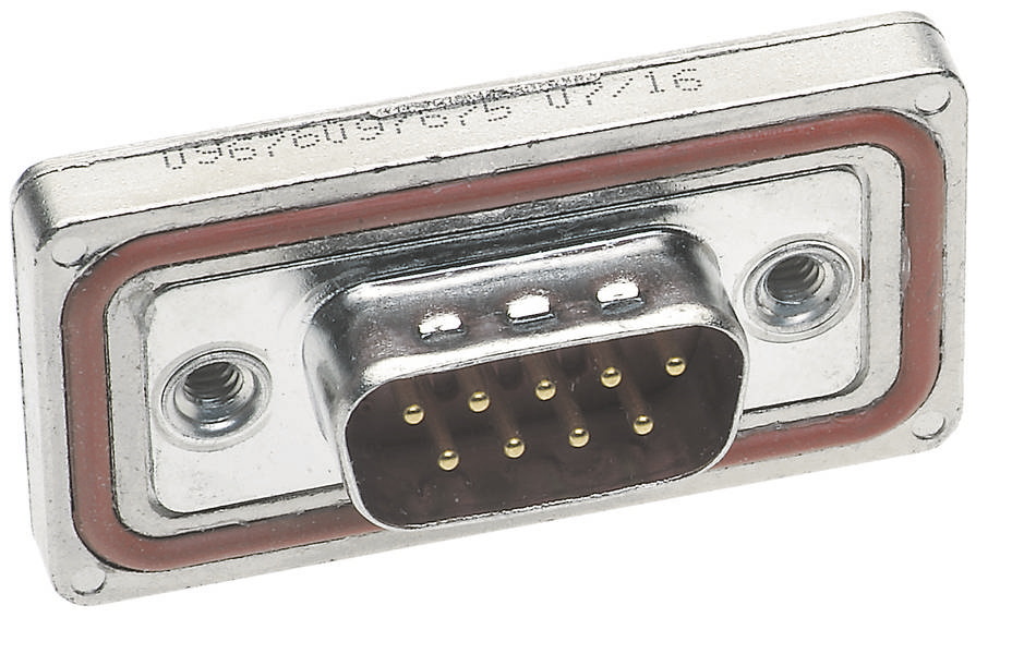 Ein 9-poliger D-Sub-Stecker mit Metallgehäuse und Dichtung, häufig verwendet für serielle Verbindungen in Computern und Geräten.