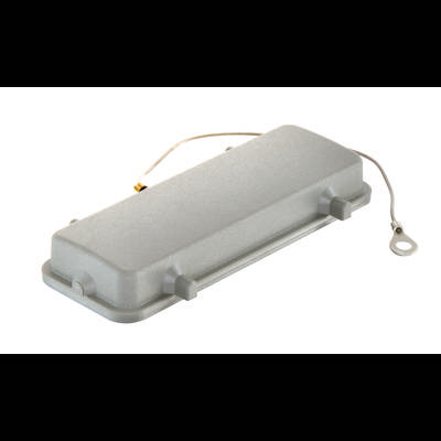 Ein graues elektronisches Gerät mit Drahtanschlüssen, möglicherweise eine Art von Sensor oder Antenne.
