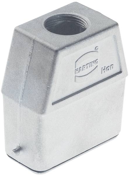Metallische Gehäuseabdeckung mit Öffnung oben und 'Harting' Logo. Verwendet in industriellen Verbindungen als Schutz für Steckverbindungen.