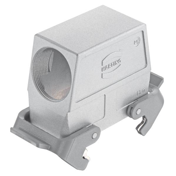 Metallgehäuse für Steckverbinder, hergestellt von Harting. Rechteckige Form mit seitlichen Verriegelungen und einem runden Kabeldurchlass.
