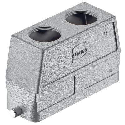 Metallisches Gehäuse mit zwei runden Öffnungen oben, graviertem Logo "HARTING" und Schriftzug. Verwendet für industrielle Steckverbindungen.